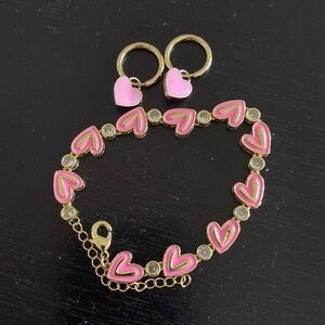 Pink heart gold tone bracelet and earrings